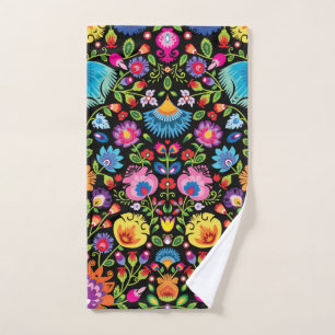 Folklore flowers Wycinanki black  Hand Towel