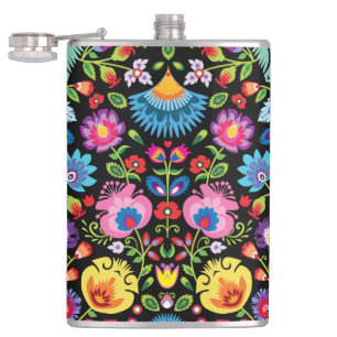 Folklore flowers Wycinanki black Hip Flask
