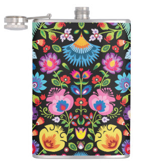 Folklore flowers Wycinanki black Hip Flask