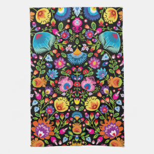 Folklore flowers Wycinanki black Kitchen Towel