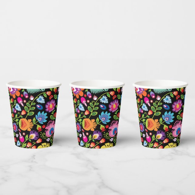 Folklore flowers Wycinanki black Paper Cups (Multi)