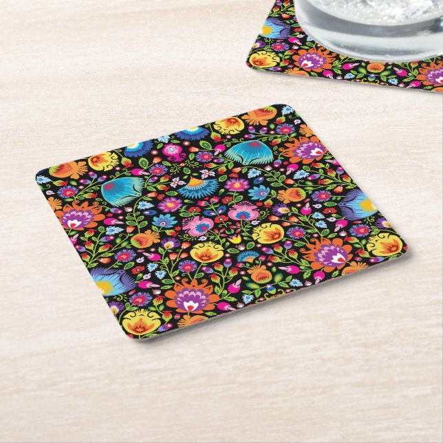 Folklore flowers Wycinanki black Square Paper Coaster (Angled)
