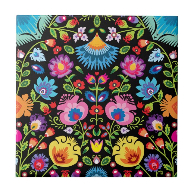 Folklore flowers Wycinanki black  Tile (Front)