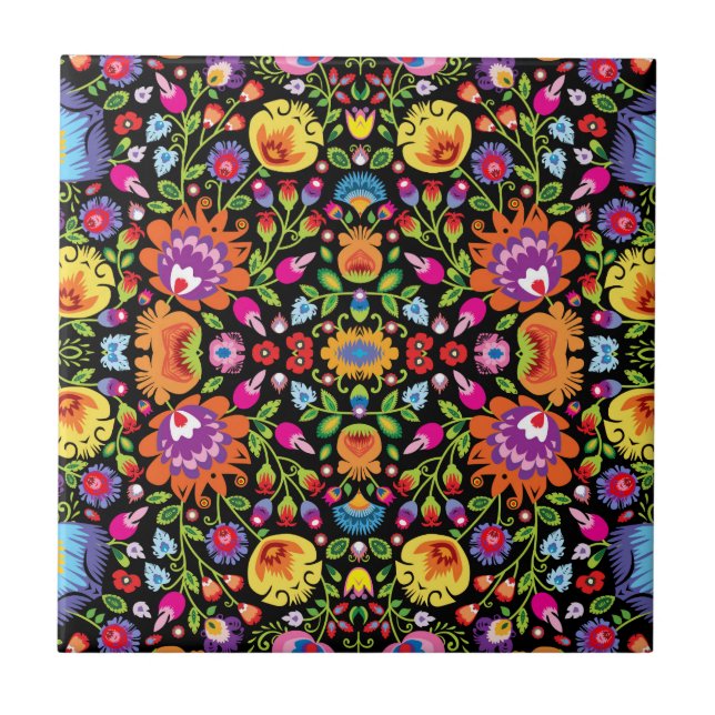 Folklore flowers Wycinanki black Tile (Front)