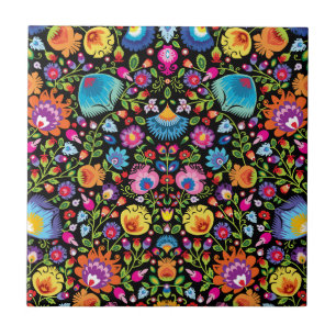 Folklore flowers Wycinanki black  Tile