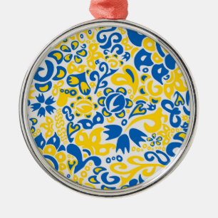 Folklore pattern with Ukrainian flag colors  Metal Ornament