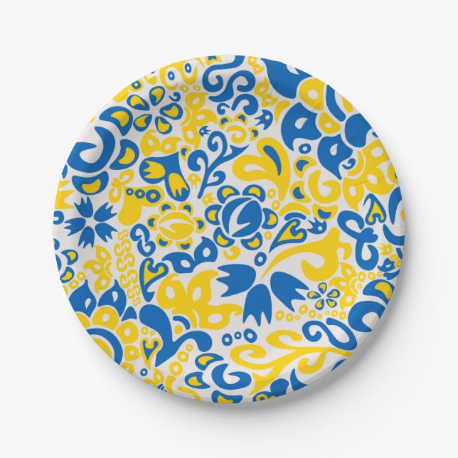 Folklore pattern with Ukrainian flag colors  Paper Plate (Front)