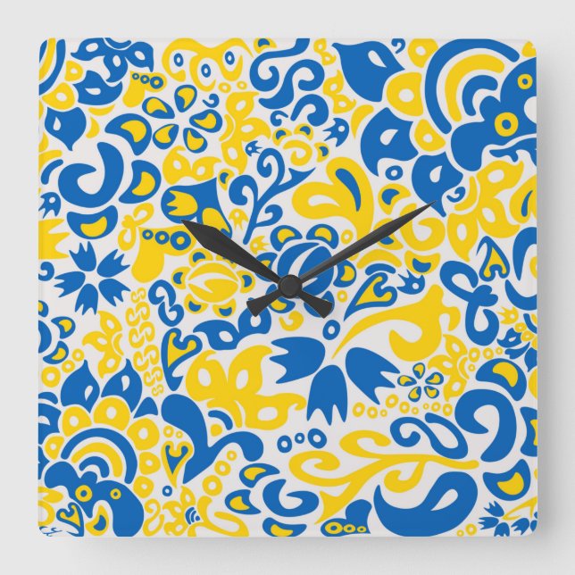 Folklore pattern with Ukrainian flag colors  Square Wall Clock (Front)