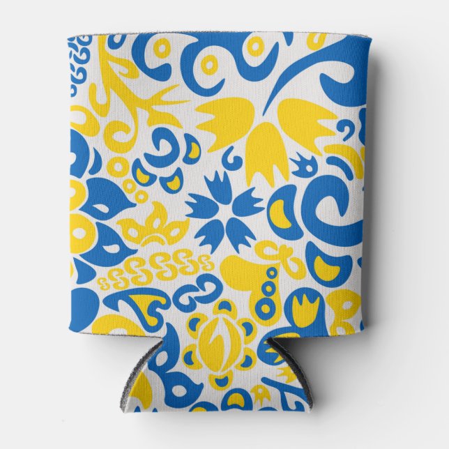 Folklore pattern with Ukrainian flag colours   Can Cooler (Front)