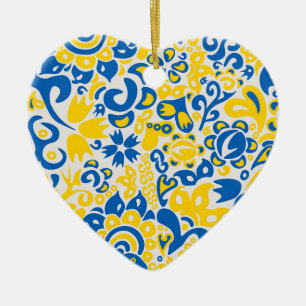 Folklore pattern with Ukrainian flag colours Ceramic Ornament