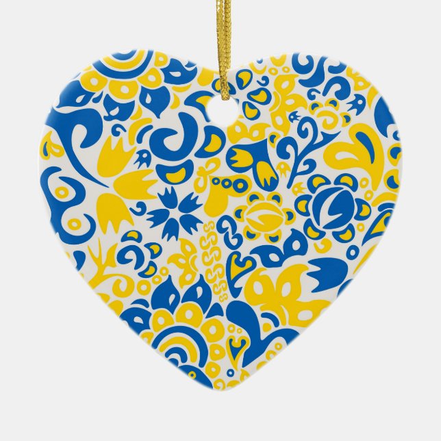 Folklore pattern with Ukrainian flag colours  Ceramic Ornament (Front)