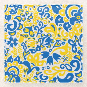 Folklore pattern with Ukrainian flag colours Glass Coaster