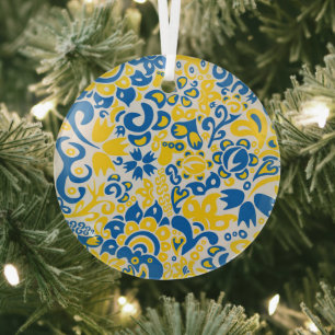 Folklore pattern with Ukrainian flag colours Glass Ornament