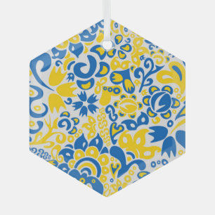 Folklore pattern with Ukrainian flag colours  Glass Ornament