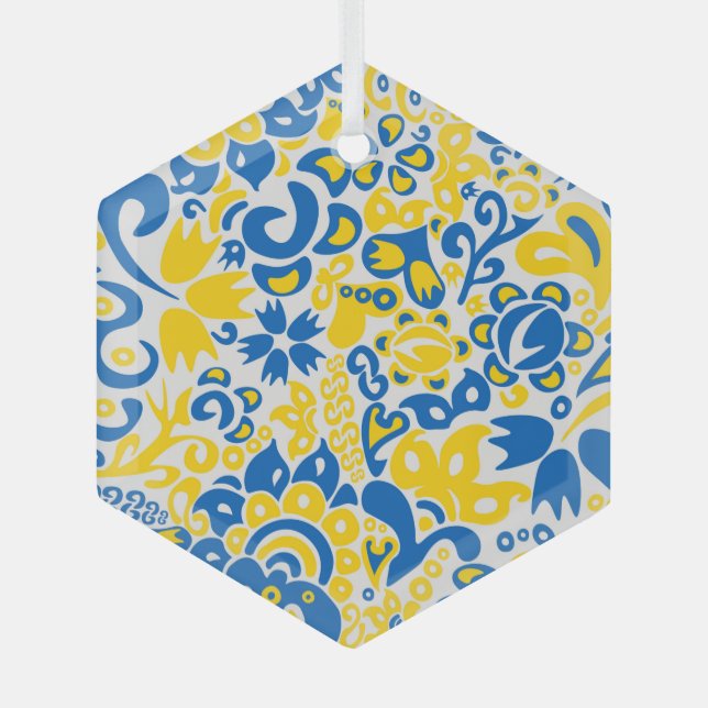 Folklore pattern with Ukrainian flag colours  Glass Ornament (Front)