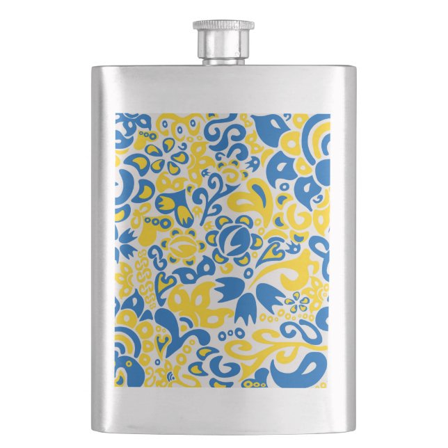 Folklore pattern with Ukrainian flag colours   Hip Flask (Front)