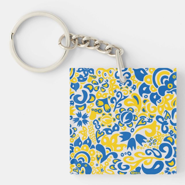 Folklore pattern with Ukrainian flag colours  Keychain (Front)