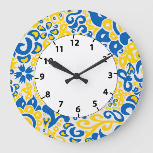 Folklore pattern with Ukrainian flag colours Large Clock