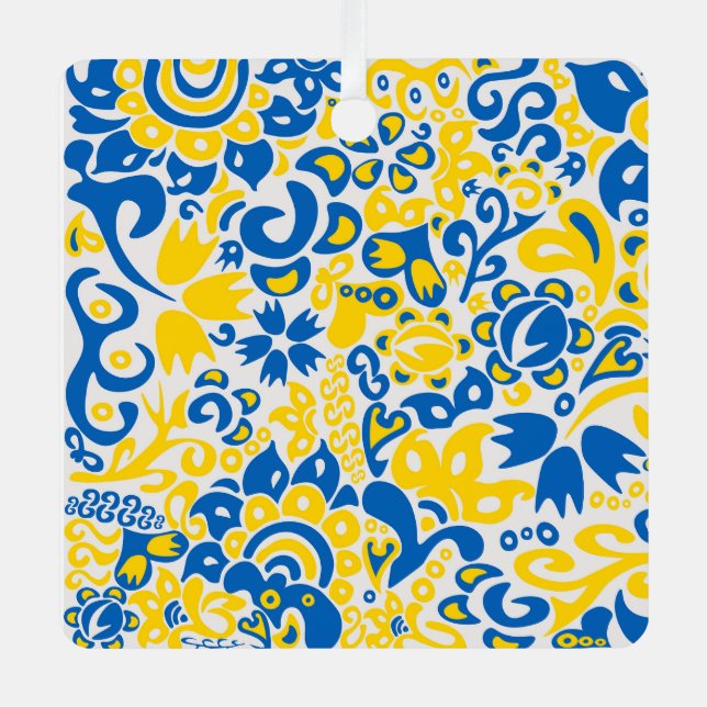 Folklore pattern with Ukrainian flag colours Metal Ornament (Front)