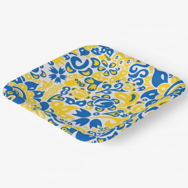 Folklore pattern with Ukrainian flag colours  Paper Plate (Angled)