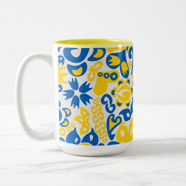 Folklore pattern with Ukrainian flag colours   Two-Tone Coffee Mug (Left)