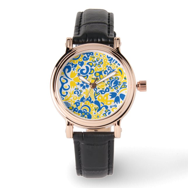 Folklore pattern with Ukrainian flag colours Watch (Front)