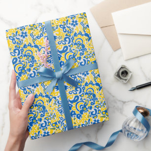 Folklore pattern with Ukrainian flag colours   Wrapping Paper