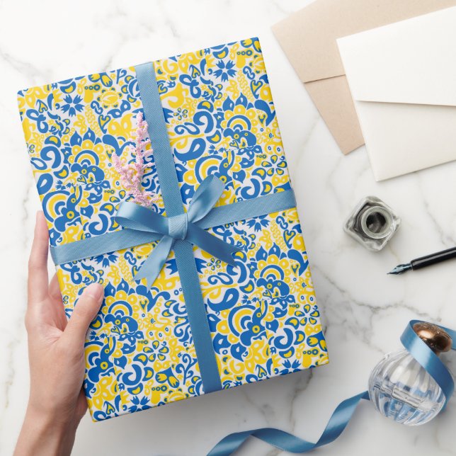 Folklore pattern with Ukrainian flag colours   Wrapping Paper (Gifting)
