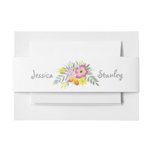 Folklore pink flowers modern floral wedding invitation belly band