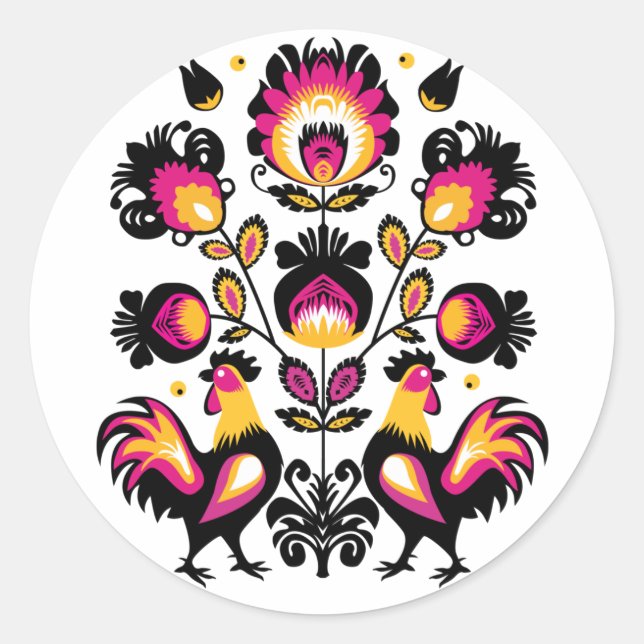 Folklore with black, pink and yellow roosters classic round sticker (Front)