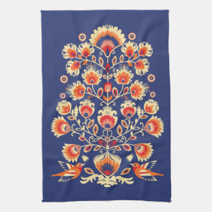 💙💛🧡Folklore with yellow flowers and birds Kitchen Towel