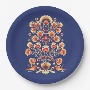 💙💛🧡Folklore with yellow flowers and birds Paper Plate