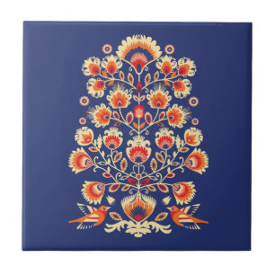 💙💛🧡Folklore with yellow flowers and birds  Tile