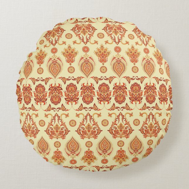 Folkloric Batik Floral Ethnic Pattern Round Pillow (Front)
