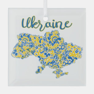 Folkloric pattern and Ukraine typography Glass Ornament