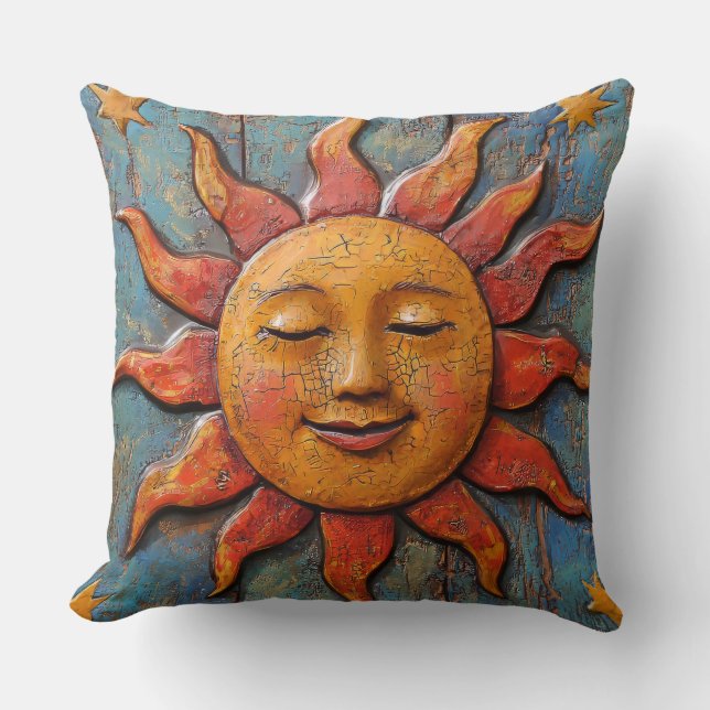 Folksy Celestial Sun  Throw Pillow (Front)