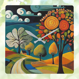 Folksy Country Scene Square Wall Clock