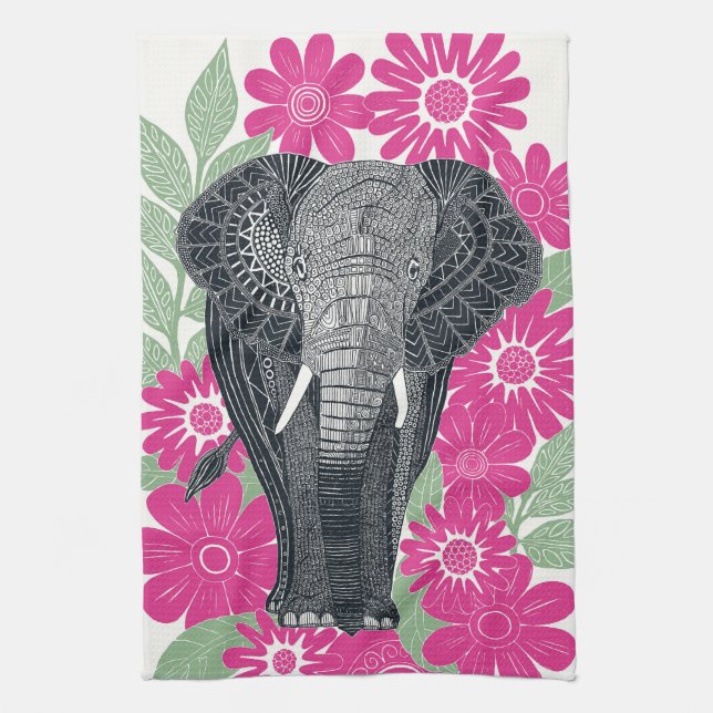 folksy elephant pink kitchen towel (Vertical)
