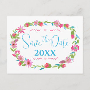Folksy Purple Pink Blue Green Floral Wreath Announcement Postcard