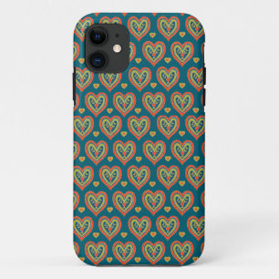 Folksy Red and Green Romantic Hearts on Dark Teal iPhone 11 Case