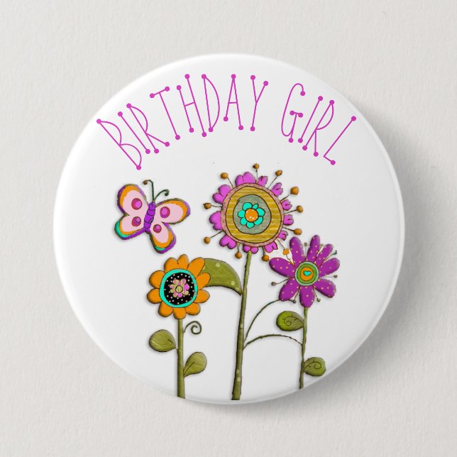 Folksy Whimsical Floral Birthday Girl Button (Front)