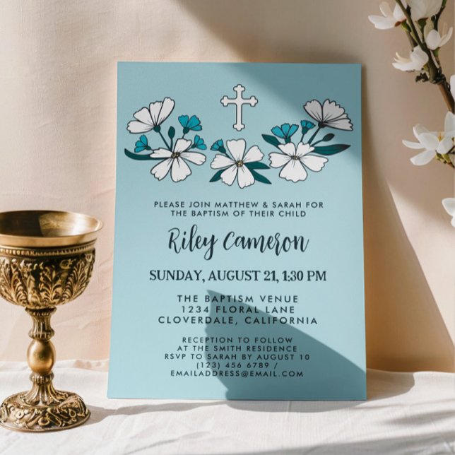 Folksy White Blue Flowers Boy Baptism Invitation (Creator Uploaded)
