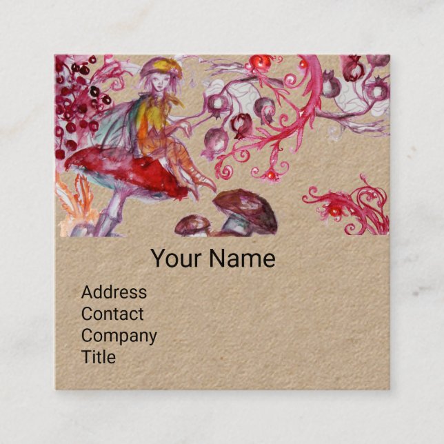 FOLLET OF MUSHROOMS Fantasy Floral Kraft Monogram Square Business Card (Front)