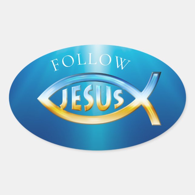 Follow Jesus - Christian Fish Symbol  Sky & Ground Oval Sticker (Front)