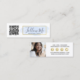 Follow Me Light Blue Watercolor & Gold Influencer  Mini Business Card