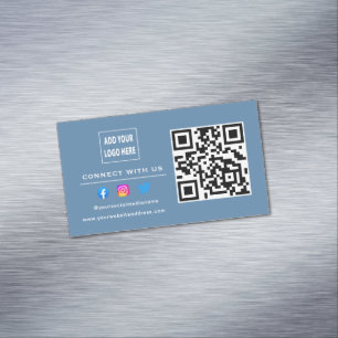 Follow Scan To Connect With Us QR Code Dusty Blue Magnetic Business Card