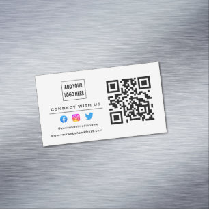 Follow Scan To Connect With Us QR Code White Black Magnetic Business Card