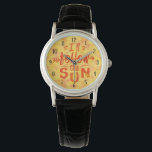 Follow Sun Summer Sun Typography Orange Watch<br><div class="desc">This whimsical wristwatch design has pretty orange and yellow,  painted typography that says,  "I'll Follow the Sun." It's perfect for long summer days on the beach. The watch numbers are thin,  Art-Deco-style black. Pick your own watch style.</div>