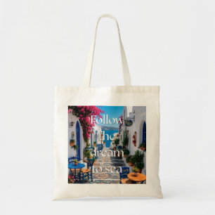 Follow The Dream To Sea Santorini Illustration Tote Bag