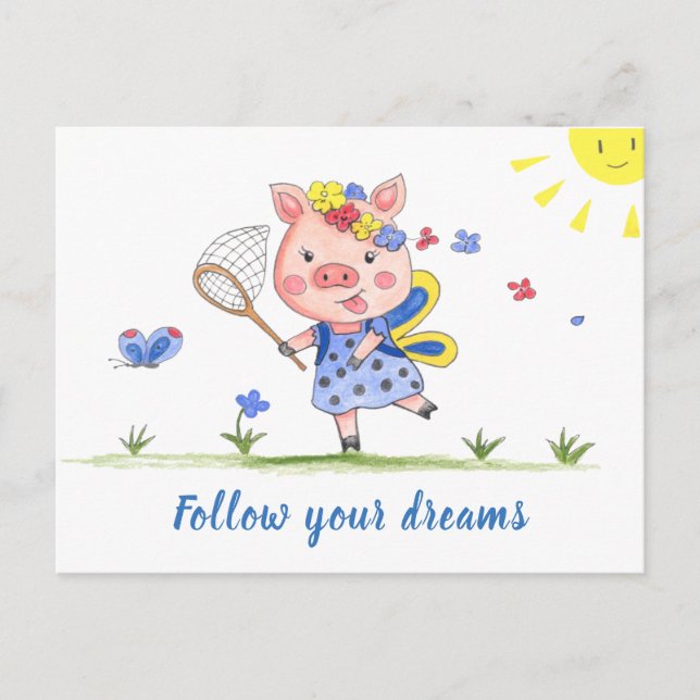 Follow Your Dreams//Funny Piglet Postcard (Front)